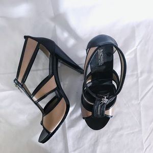 michael kors // black and tan caged heeled booties